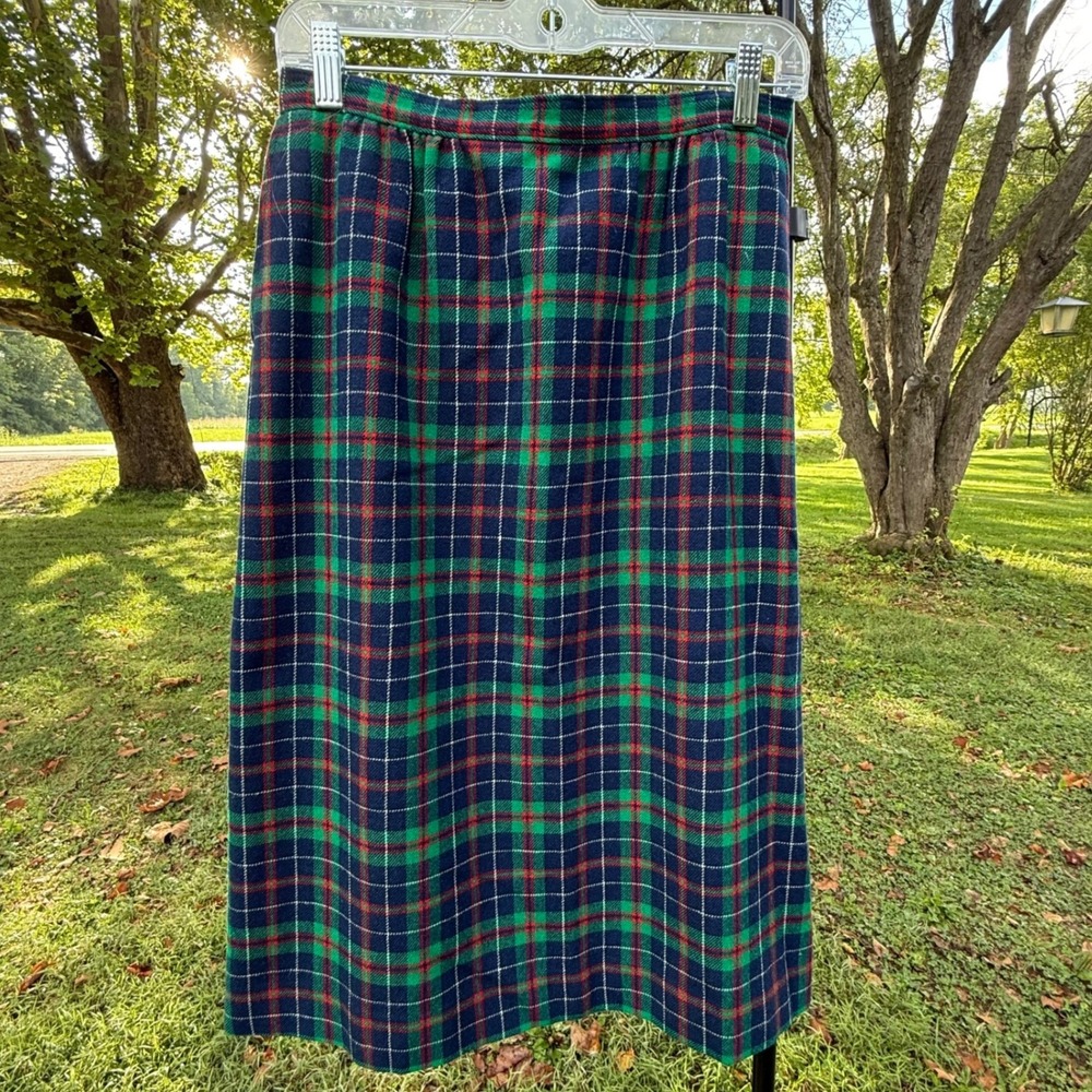 Vintage Pendleton Wool Plaid Midi Skirt Green Navy Red Pockets Made in USA 12 - Picture 2 of 9